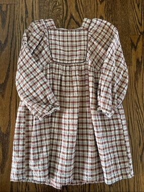 Zara Plaid Square-Neck Long Sleeve Dress in Cream and Rust